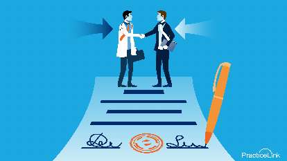 physician and recruiter shaking hands over a signed contract