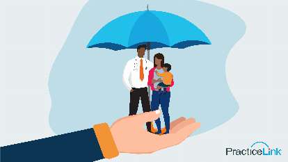 recruiter hand holding a small family with an umbrella, supporting physician families