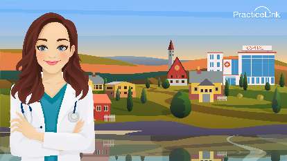 physician standing in front of a small town
