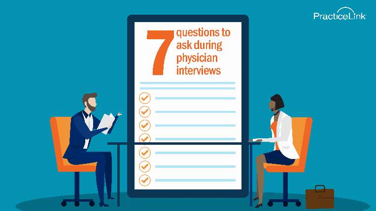 Checklist of 7 questions for recruiters to ask during physician interviews with recruiter and physician sitting at opposite sides of the table