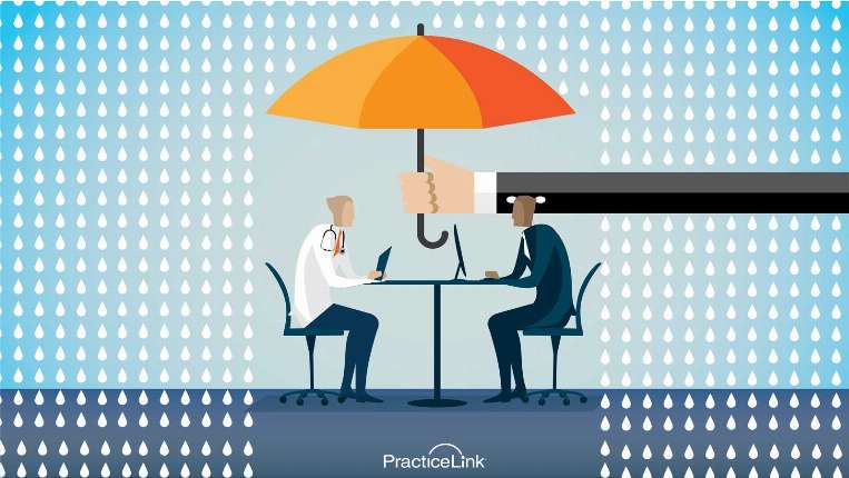 recruiter and physician under an umbrella at a table