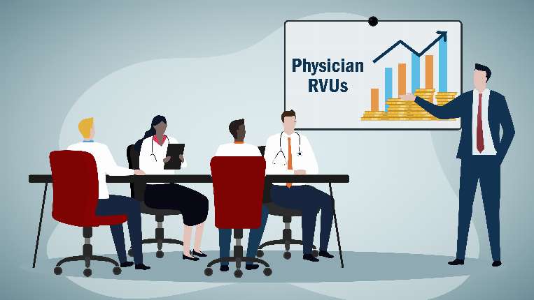 recruiters and a physician with a sign showing physician RVUs