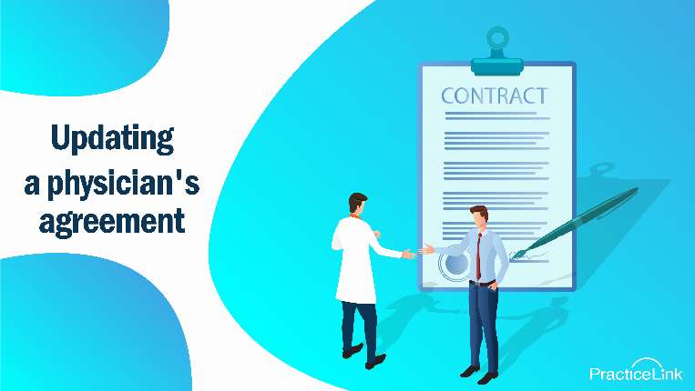 a physician and recruiter shaking hands in front of a contract and learning when and how to update a physician contract