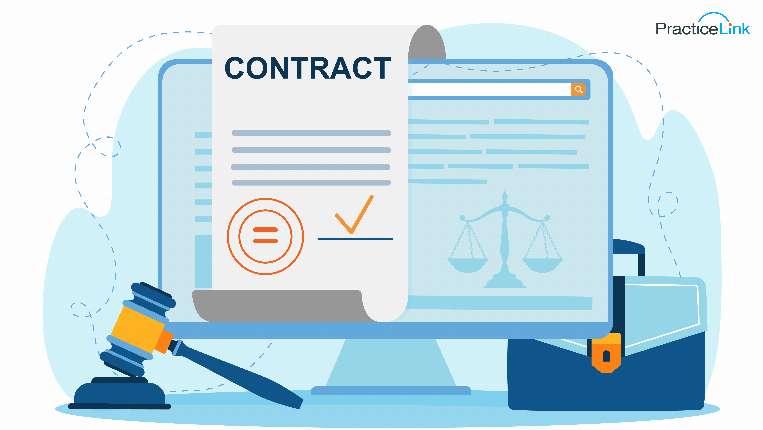 a contract, gavel and balance demonstrating collaborating with contract attorneys
