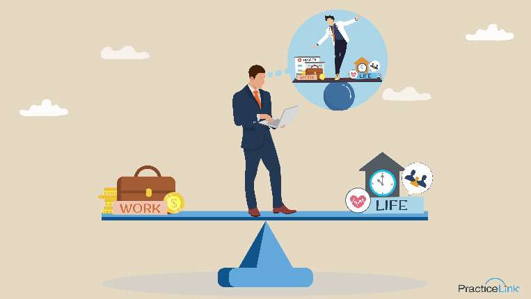 Recruiter standing in the middle of a see-saw to show the importance of work-life balance in physician hires, thinking about a physician balancing work and life