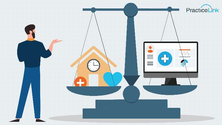 Technology and work-life balance with a physician next to a scale