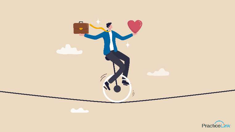 physician recruiter on a tightrope juggling a heart and briefcase, integrating wellness practices for physician recruiters