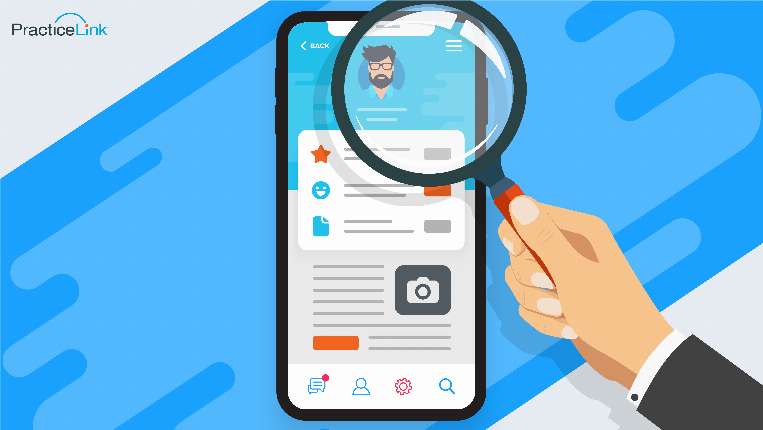 magnifying glass over a smart phone of a physician candidate's social media profile
