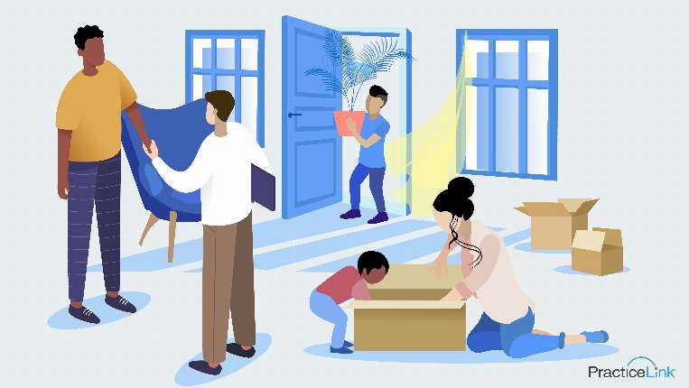 Ways recruiters help physician families after a move, showing a family unpacking in their new home