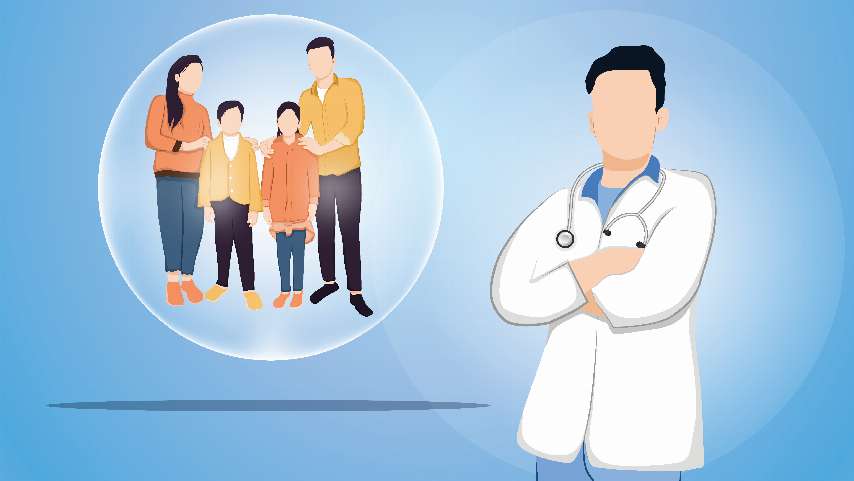 Physician with thought bubble of family