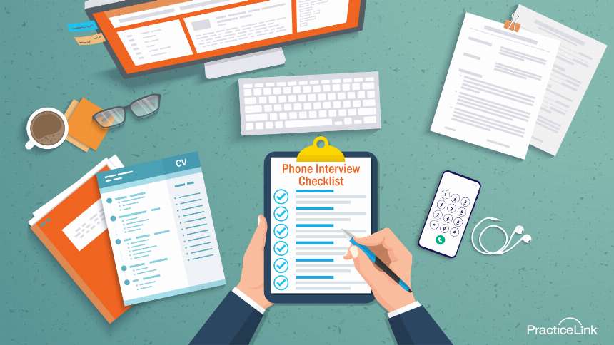 initial phone interview checklist on desk with CV and phone