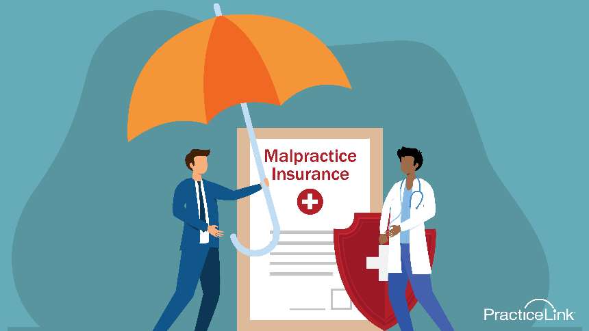 recruiter with an umbrella and physician standing next to malpractice insurance