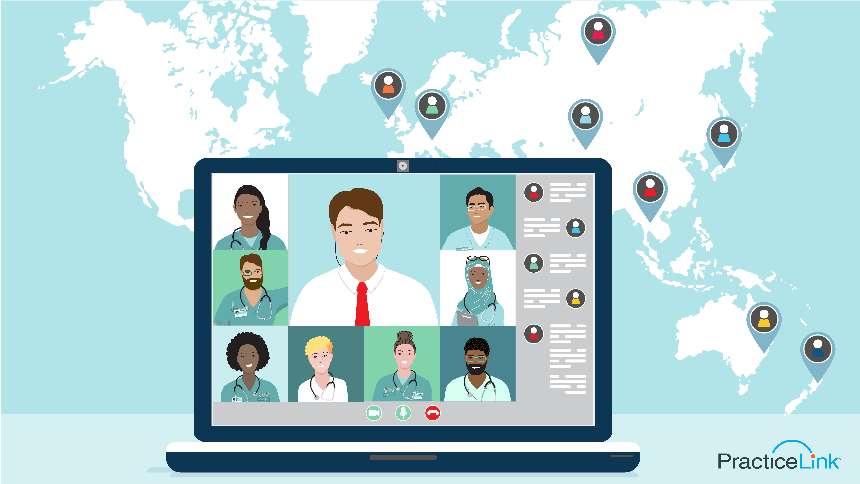how physician recruiters can help international doctors showing a laptop with physicians over a map and location pins