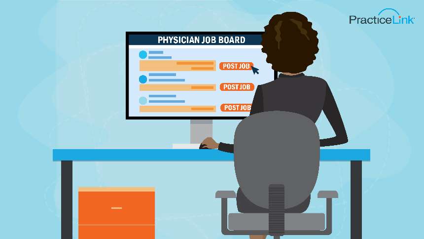 recruiter at a desk posting a job, using a physician job board